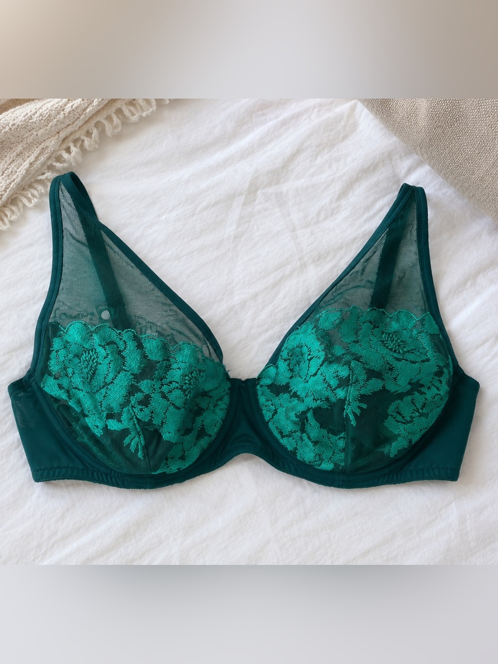 Teal Lace Mesh Underwire Bra | Size 34DD | Floral Lace Lingerie